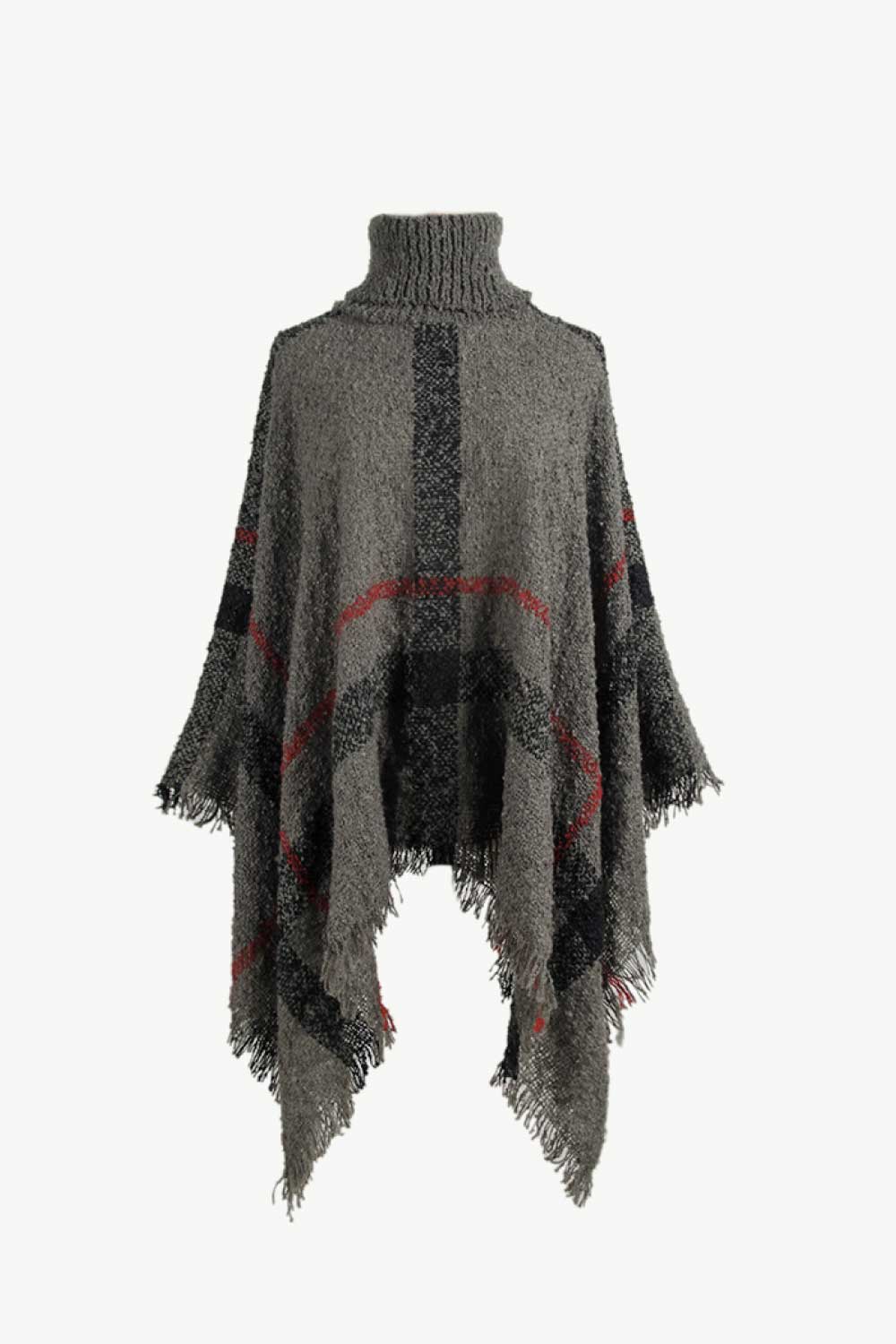 Plaid Turtleneck Raw Hem Poncho.