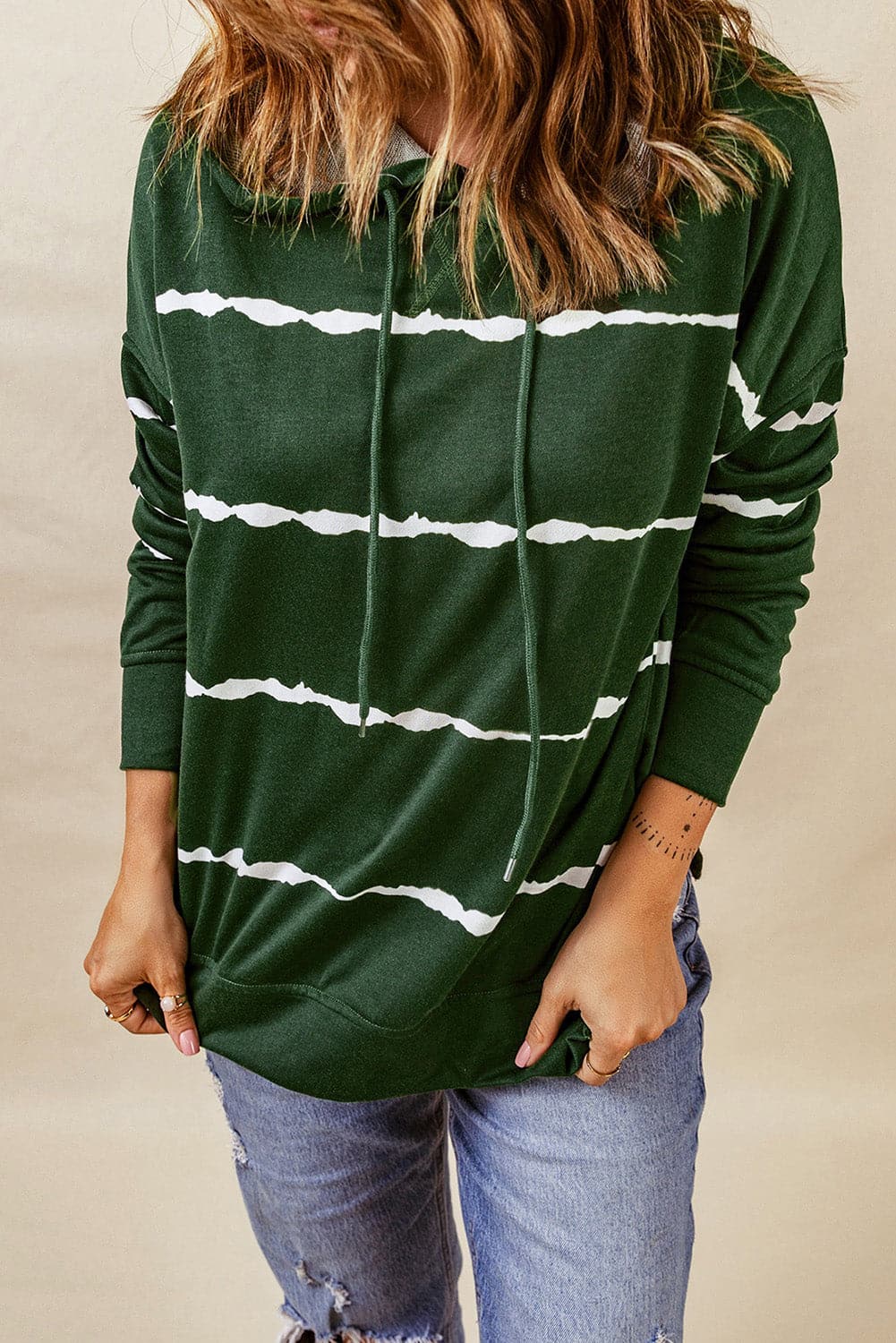 Drawstring Striped Dropped Shoulder Hoodie.