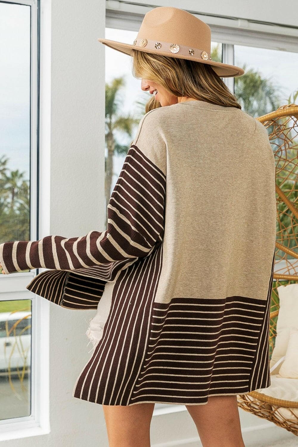 BiBi Striped Contrast Long Sleeve Slit Top.