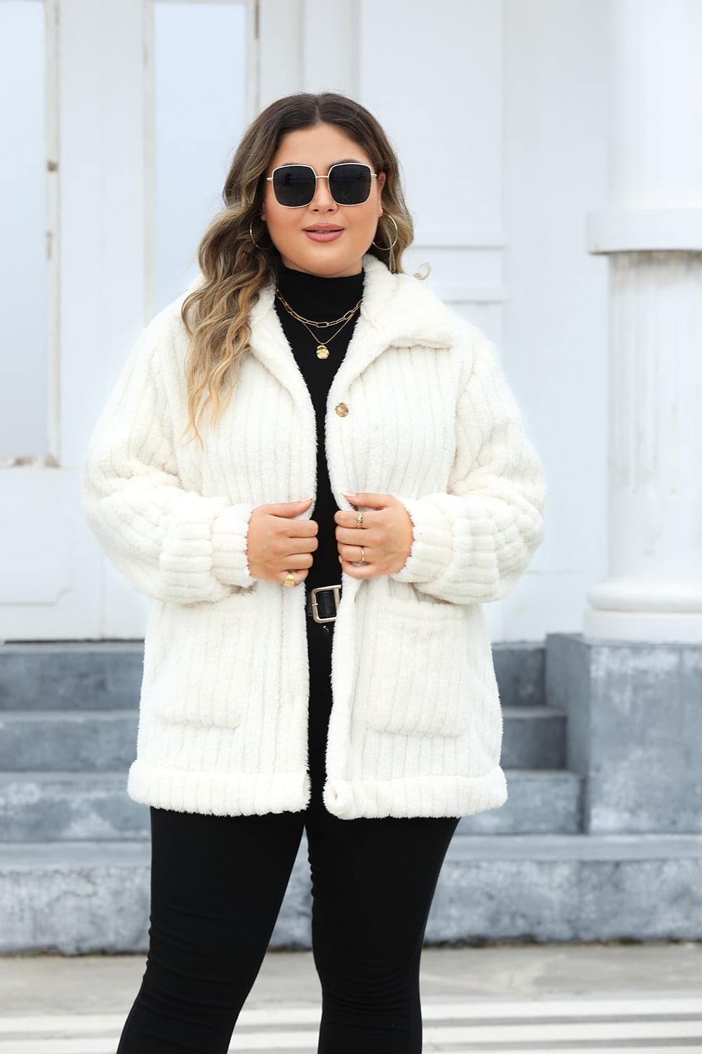 Fuzzy Collar Plus Size Jacket