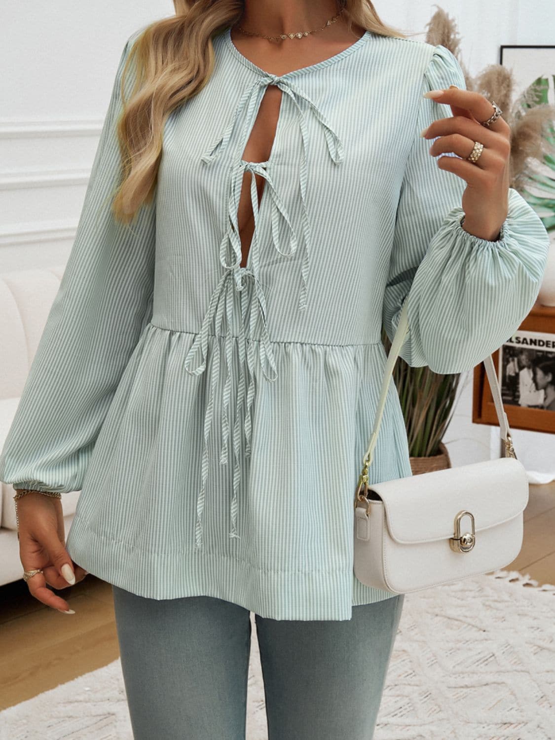 Tied sheer striped long sleeve top