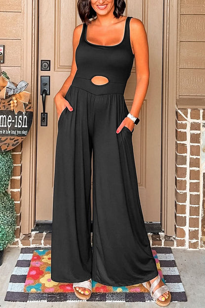 Chic Black Peekaboo Wide Leg Jumpsuit with Square Neck and Sleeveless Design