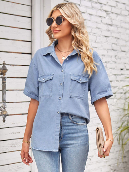 Collared Neck Short Sleeve Denim Jacket.