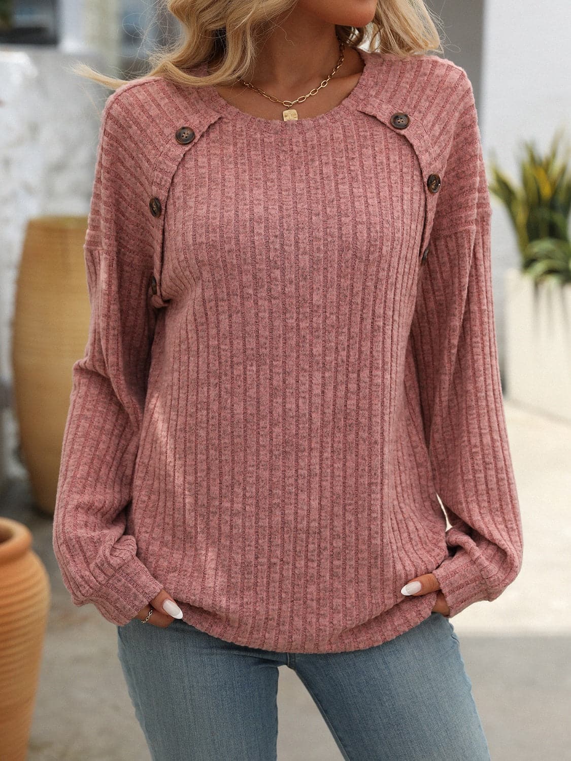 Decor Button Long Sleeve Ribbed T-Shirt.