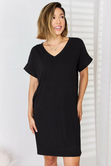 Zenana Full Size Rolled Short Sleeve V-Neck Dress.