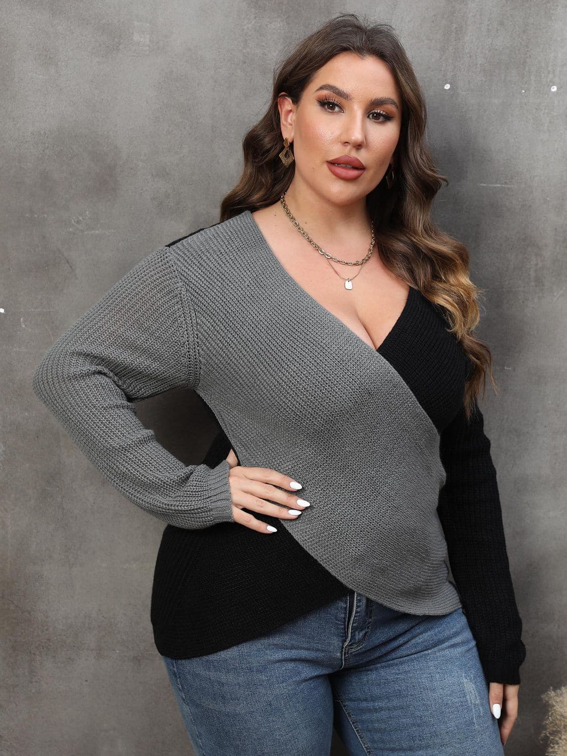 Plus Size Two-Tone Surplice Neck Sweater.