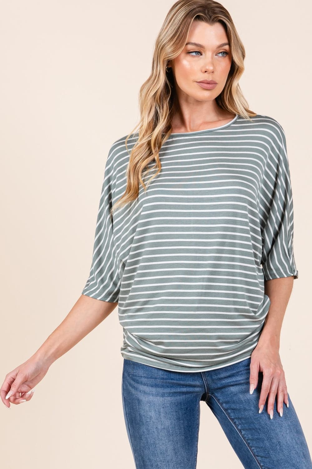 Elegant striped dolman sleeve top with boat neck design