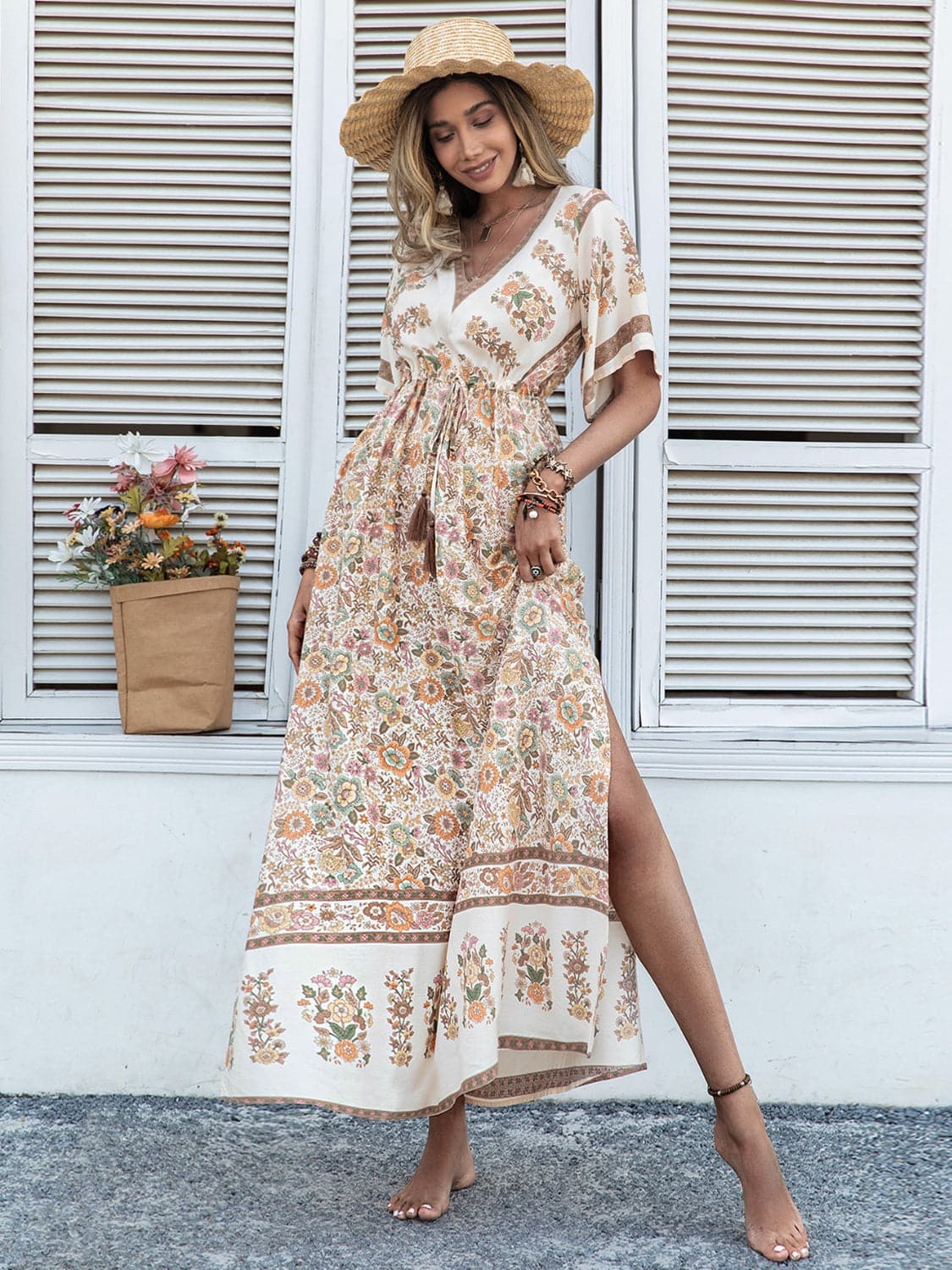 Drawstring Printed Plunge Half Sleeve Dress.