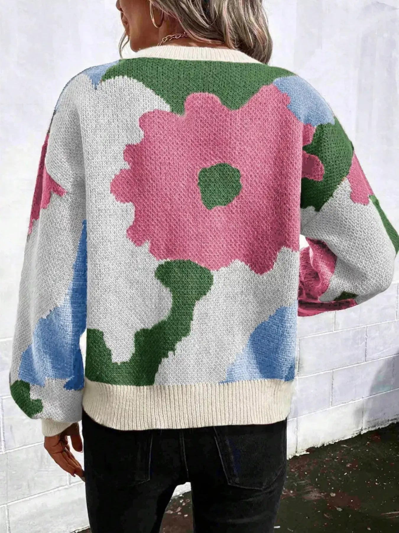 Floral Pattern Round Neck Sweater Simply Love