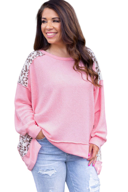 Chic pink leopard fusion plus size sweatshirt with exposed seams