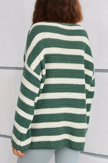 Striped Round Neck Dropped Shoulder Sweater.