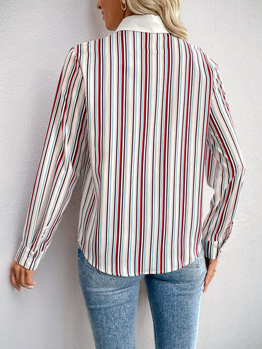 Perfee Striped Button-Up Long Sleeve Shirt with Collared Neck