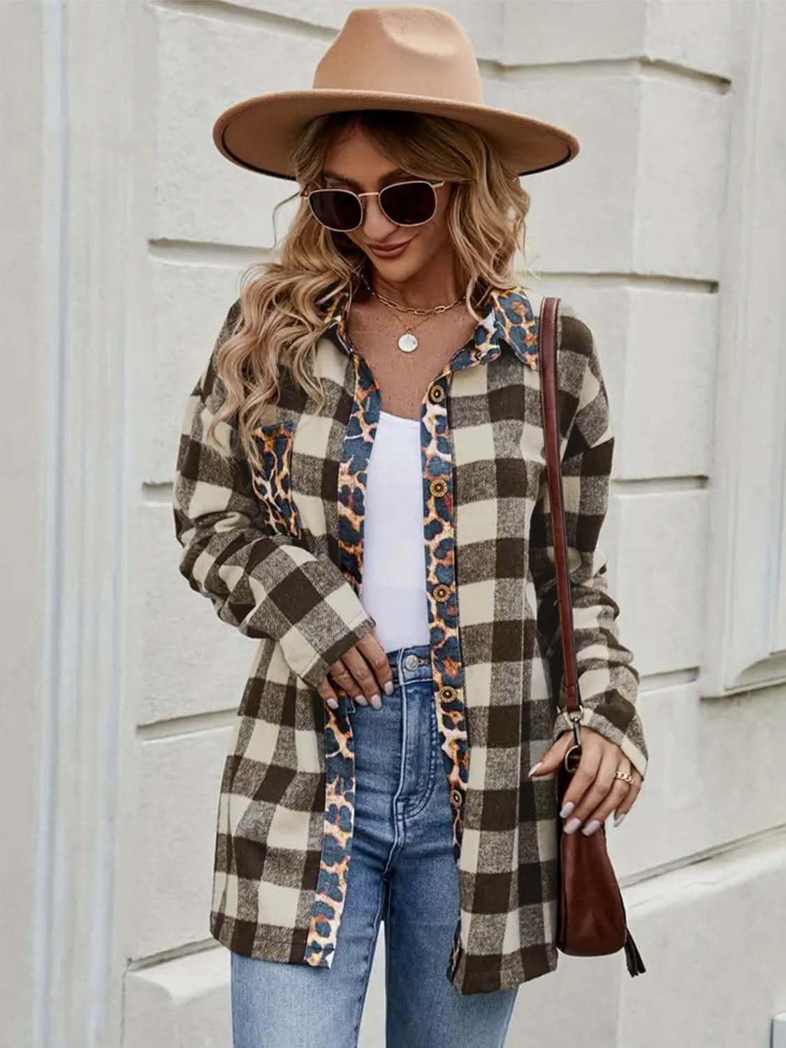 Plaid Long Sleeve Shirt with Leopard Trim Collar