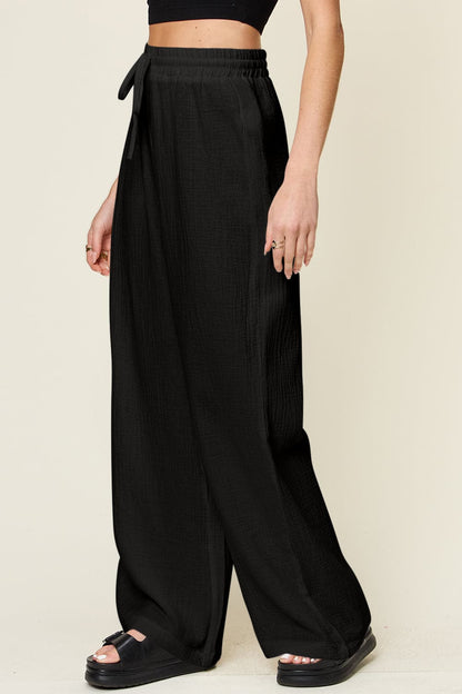 Double Take Full Size Texture Drawstring Wide Leg Pants.