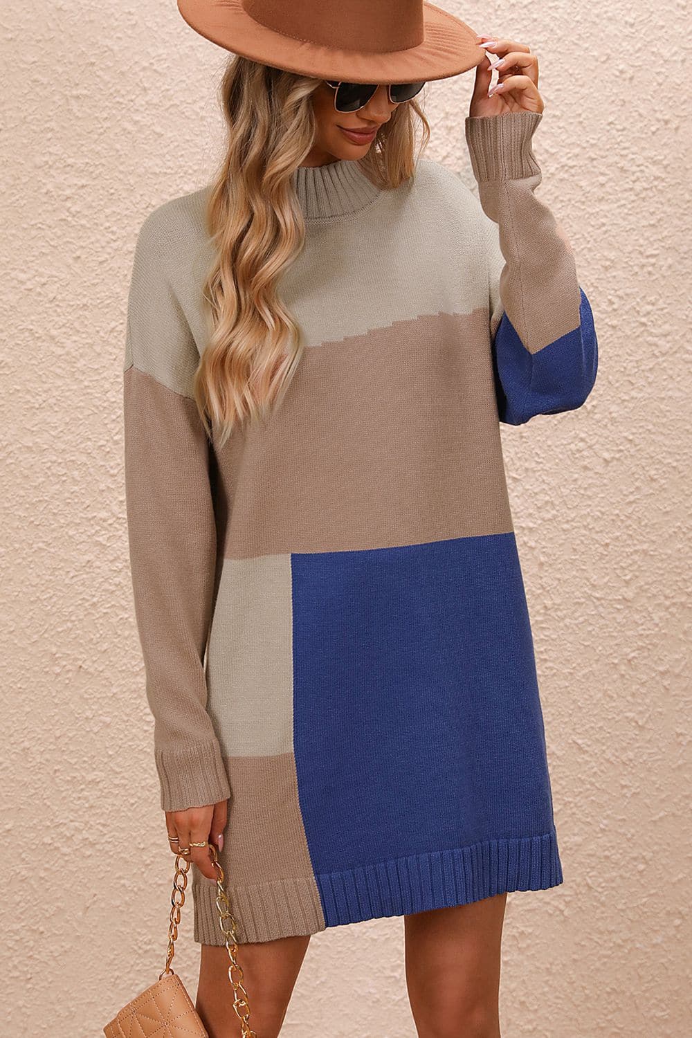 Color Block Mock Neck Dropped Shoulder Sweater Dress.