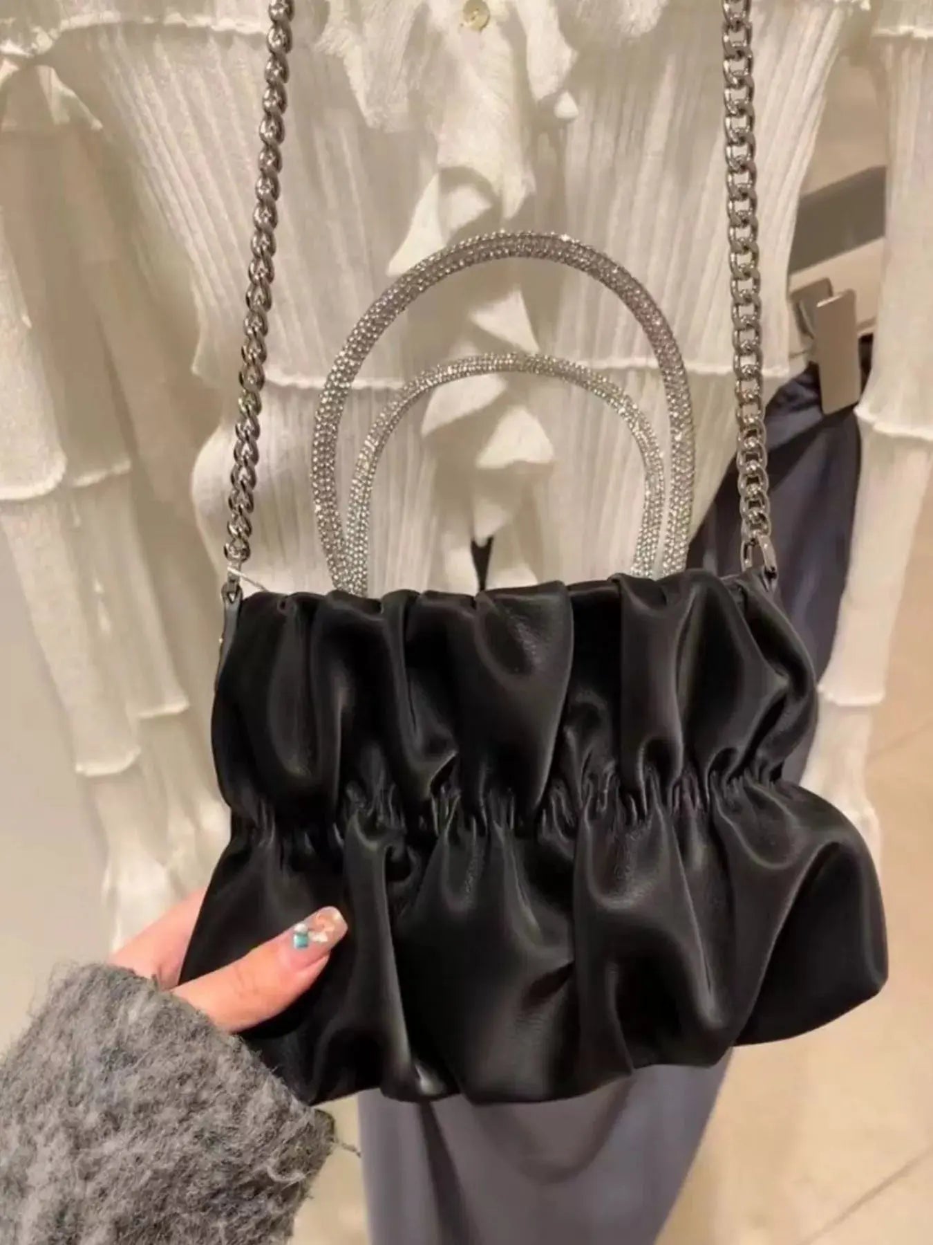 Pink Ruched Chain Crossbody Bag With Crystal Beaded Handle Small PU Leather Simply Love