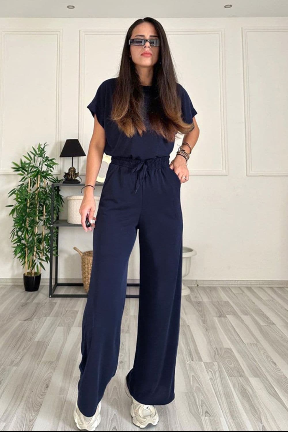 Round Neck Short Sleeve Top and Drawstring Pants Set.