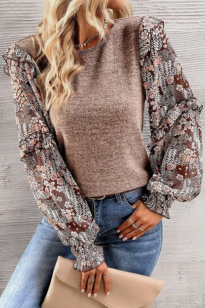 Heathered Floral Frill Lantern Sleeve Blouse.