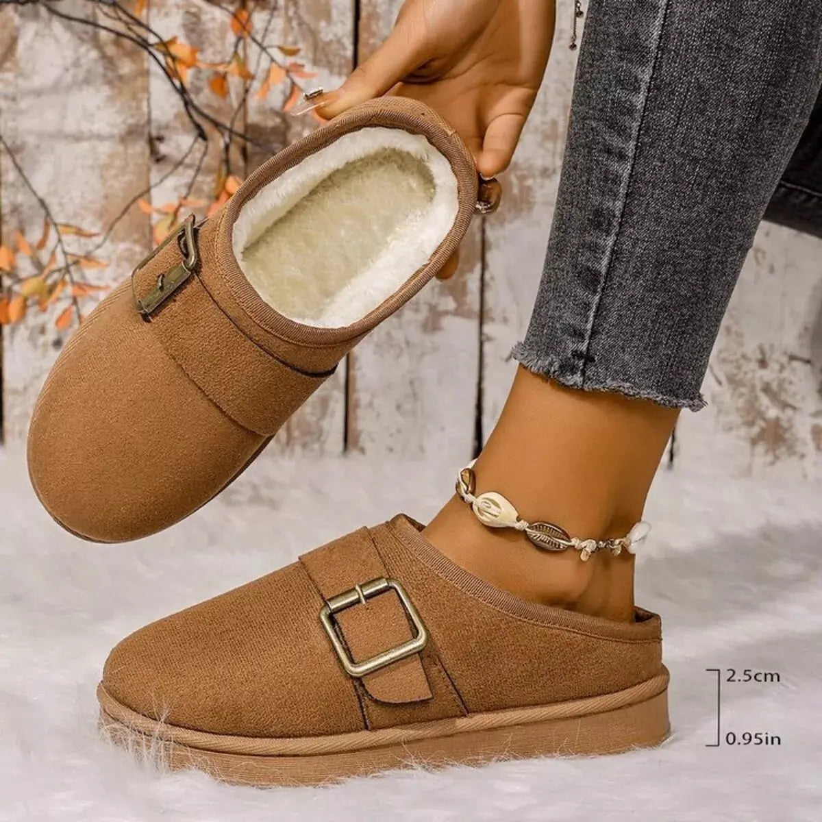 Buckle Decor Plush Lined Warm Slippers Simply Love