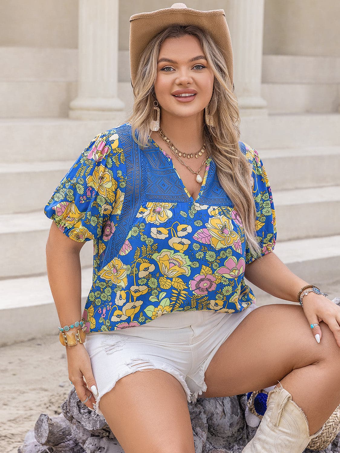 Plus Size Printed Notched Short Sleeve Blouse.