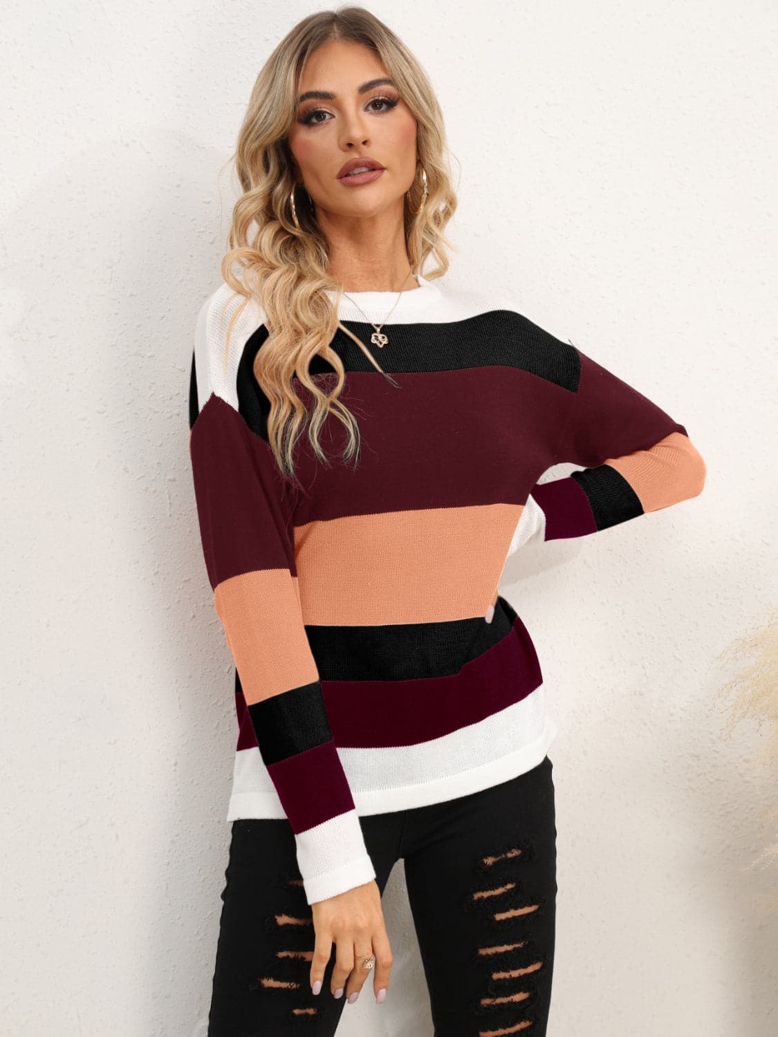 Striped Round Neck Dropped Shoulder Sweater.