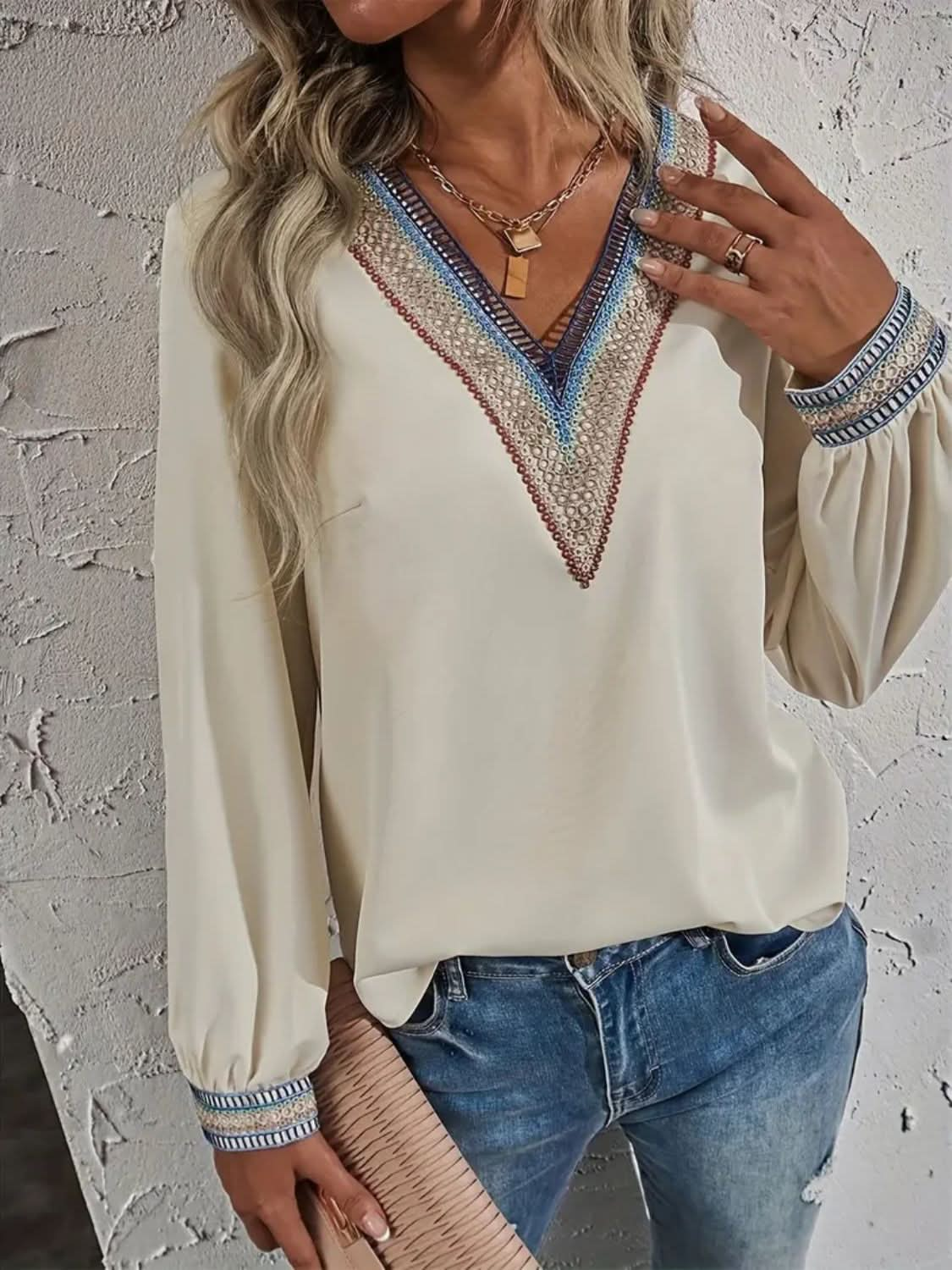 Contrast V-Neck Long Sleeve Blouse