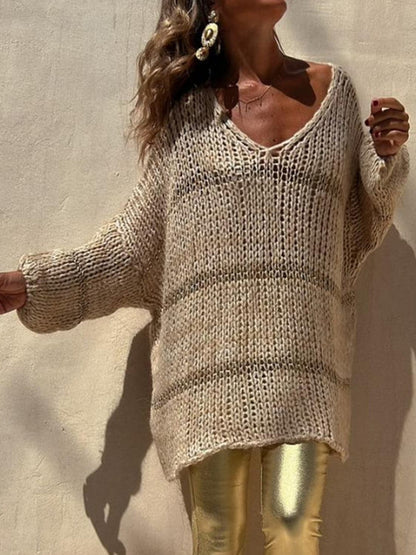 Openwork V-Neck Long Sleeve Sweater.