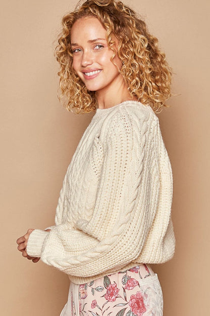 POL Cable Knit Cutout Long Sleeve Sweater.