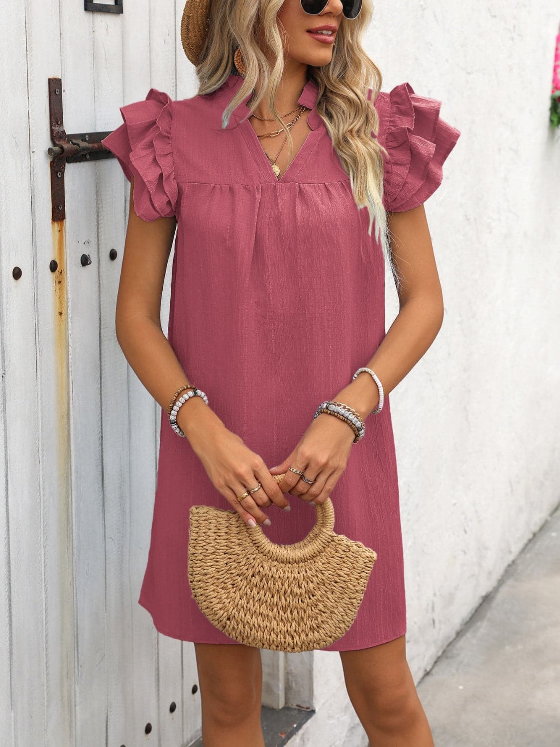 Ruffled Notched Cap Sleeve Mini Dress.