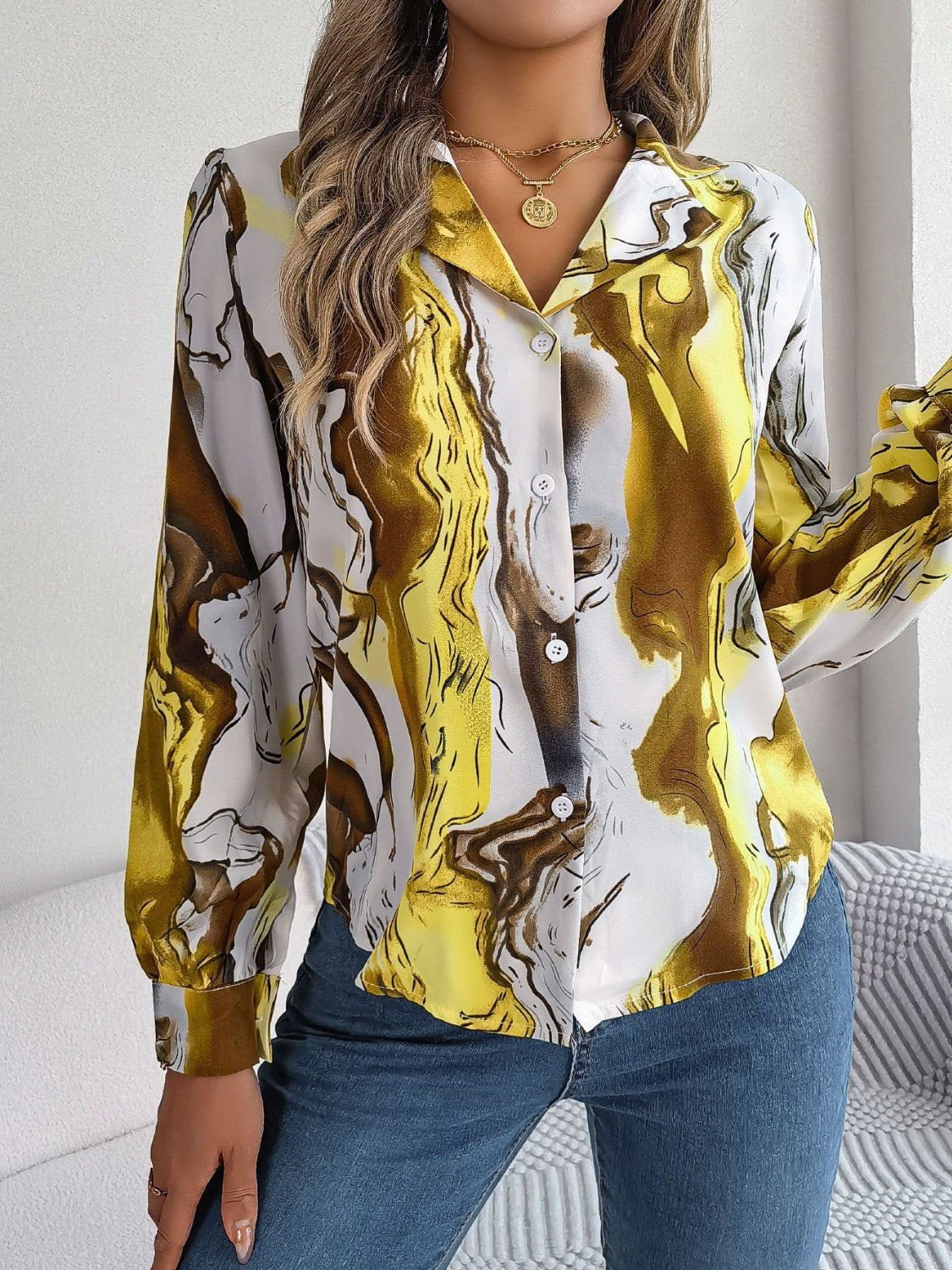 Printed Button Up Long Sleeve Shirt Coco’s Tee Boutique