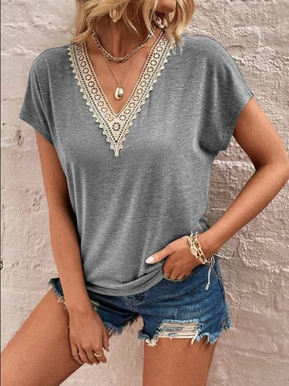 Full Size Lace Detail V-Neck Short Sleeve T-Shirt.