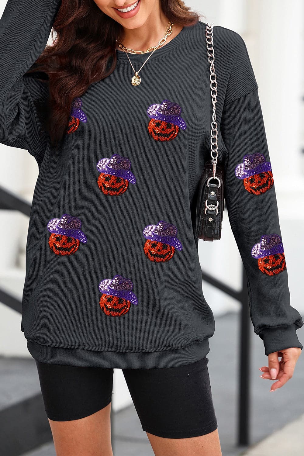 Sparkling Halloween Pumpkin Long Sleeve Sweatshirt