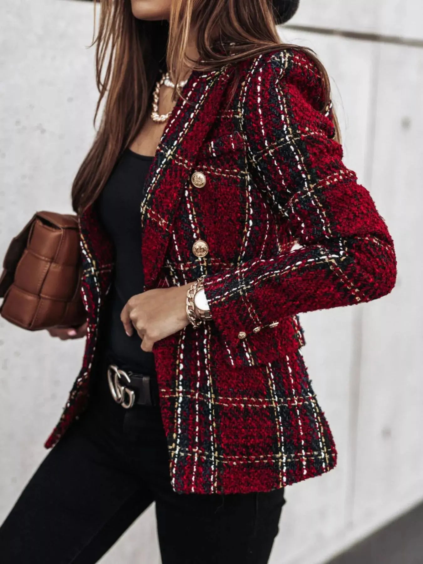Full Size Plaid Tweed Double-Breasted Blazer Plus Size Simply Love