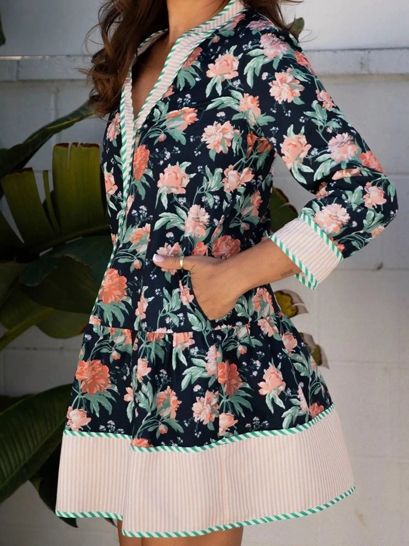Floral Print Striped Trim V Neck Long Sleeve Ruffle Hem Shift Mini Dress Simply Love