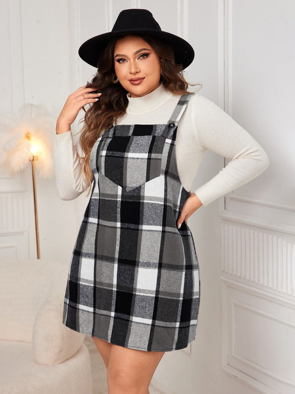 Plus Size Plaid Wide Strap Overall Dress.