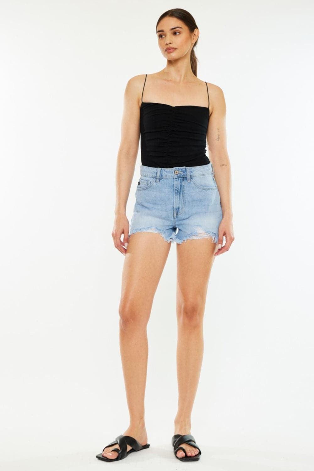 Kancan Raw Hem Distressed High Waist Denim Shorts.