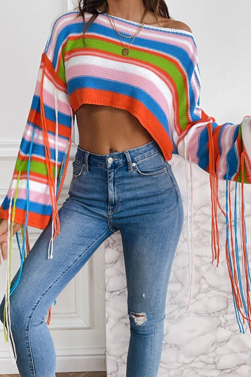 Fringe Striped Round Neck Knit Top.