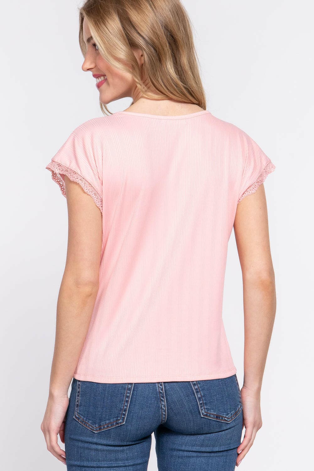 ACTIVE BASIC Lace Trim V-Neck Short Sleeve Ribbed Top.