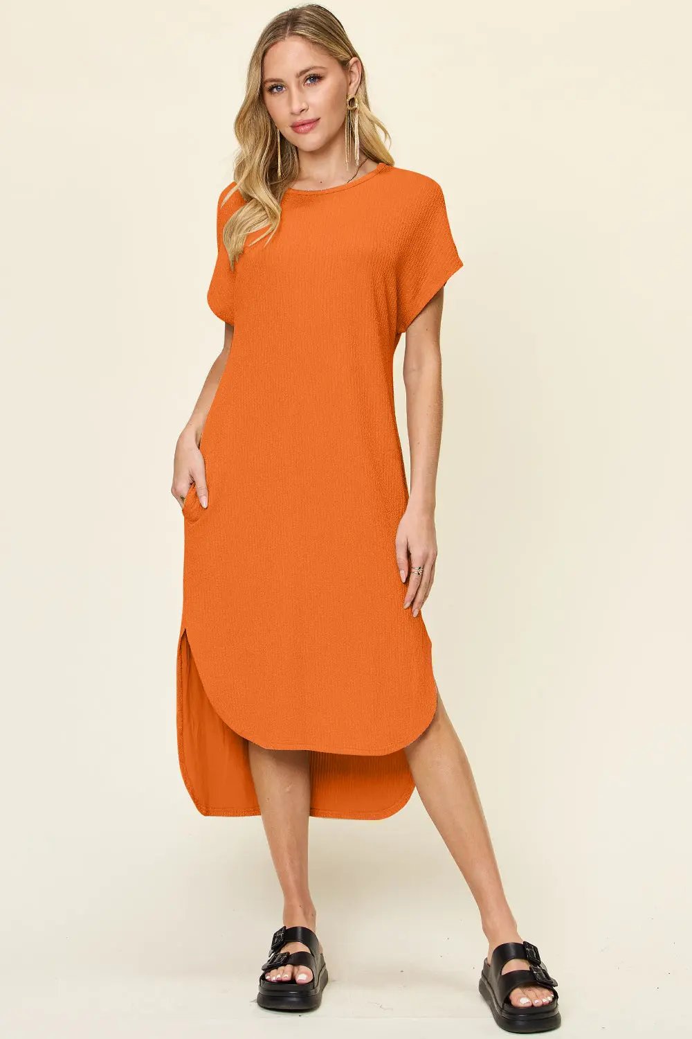 Double Take Full Size Round Neck Short Sleeve Slit Dress - Love Salve