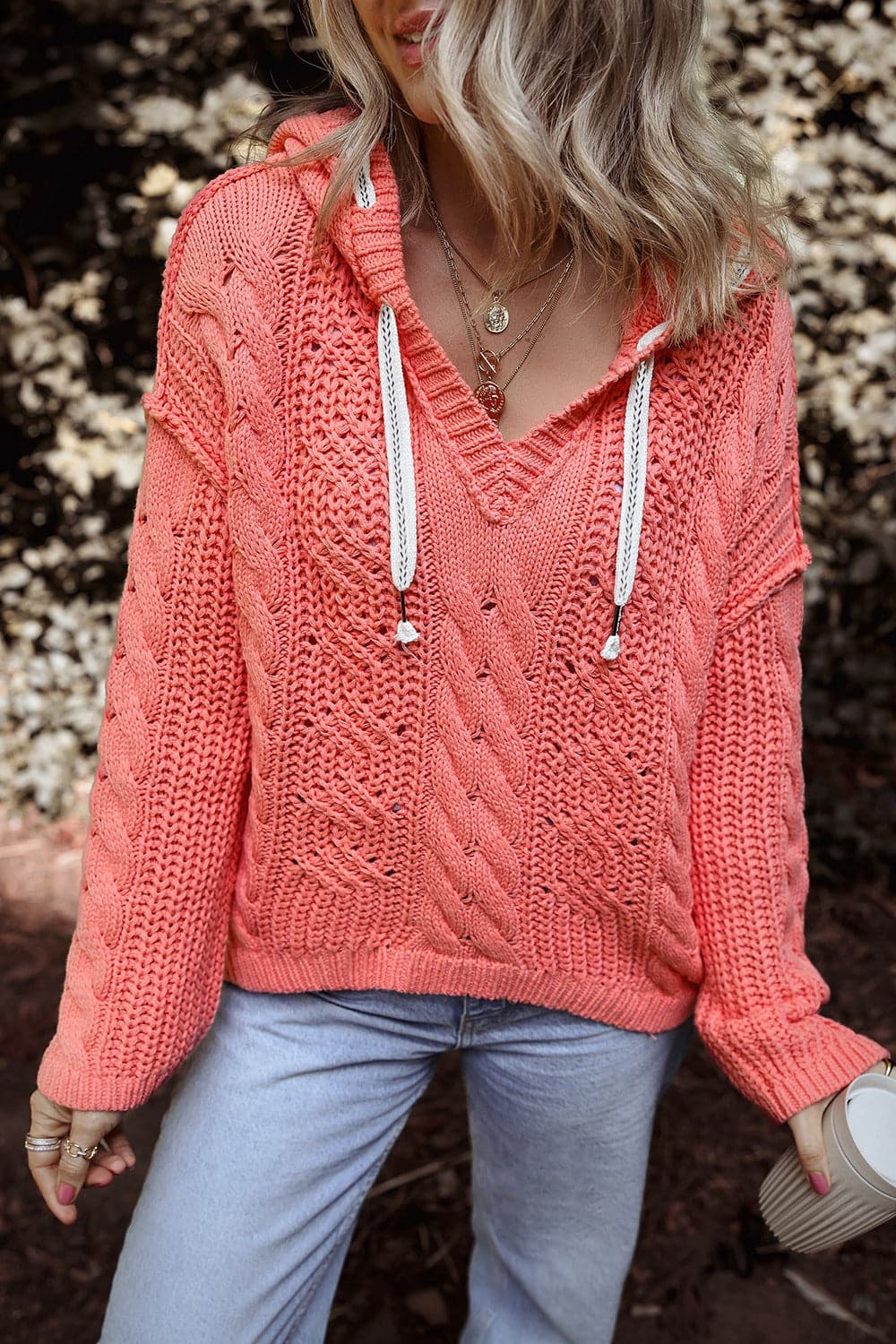 Drawstring Cable-Knit Hooded Sweater.