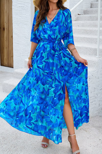 Printed Tied Half Sleeve Slit Dress.