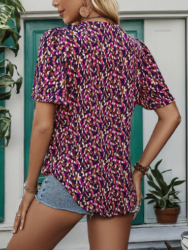 Printed Notched Flutter Sleeve Blouse.