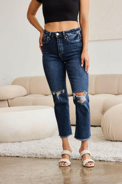 RFM Full Size Tummy Control Distressed High Waist Raw Hem Jeans.