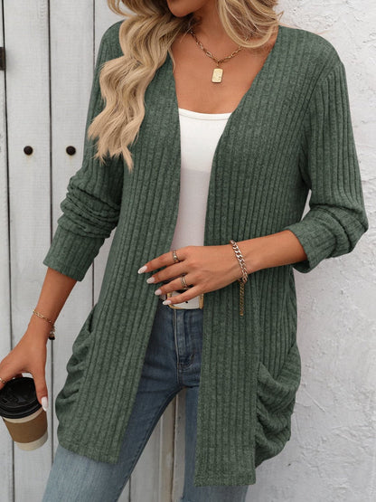 Open Front Long Sleeve Ribbed Cardigan.