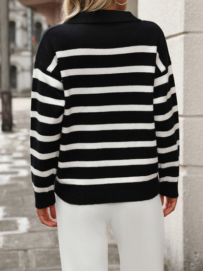 Striped Johnny Collar Long Sleeve Sweater.