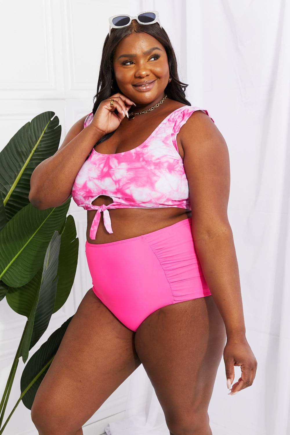 Marina West Swim Sanibel Crop Swim Top and Ruched Bottoms Set in Pink.