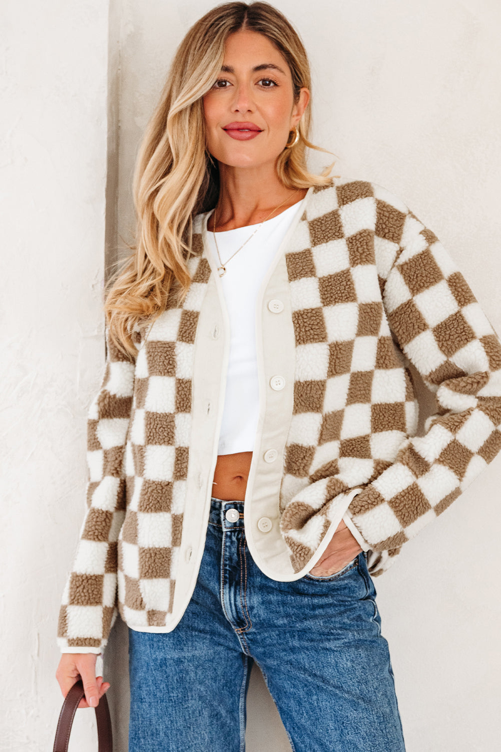 Brown Checkered Sherpa Buttoned Front Chunky Jacket Dear-Lover Dropshipping