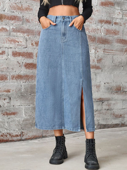 Slit High Waist Denim Skirt with Pockets.