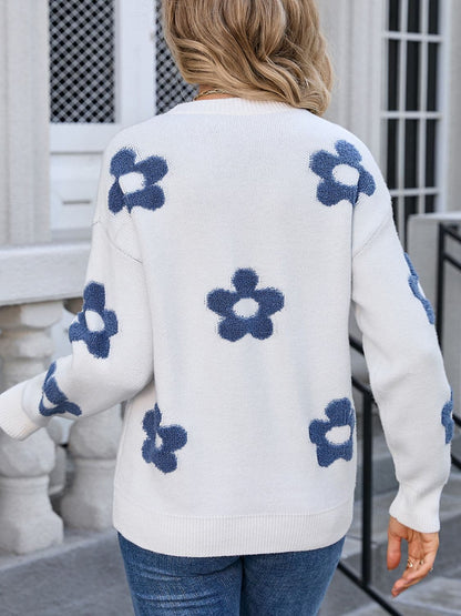 Flower Round Neck Long Sleeve Sweater.