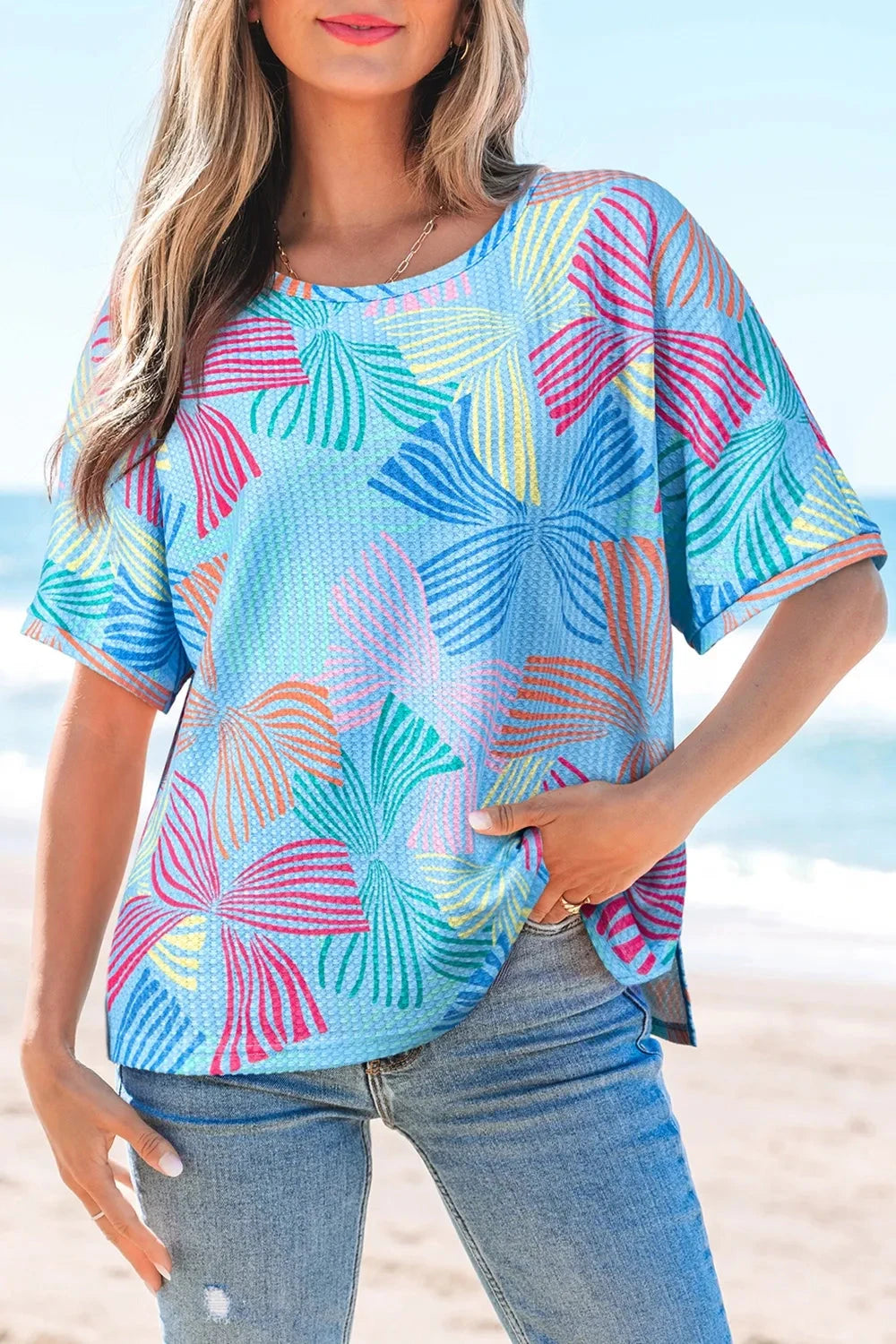 Printed Round Neck Half Sleeve Top Simply Love